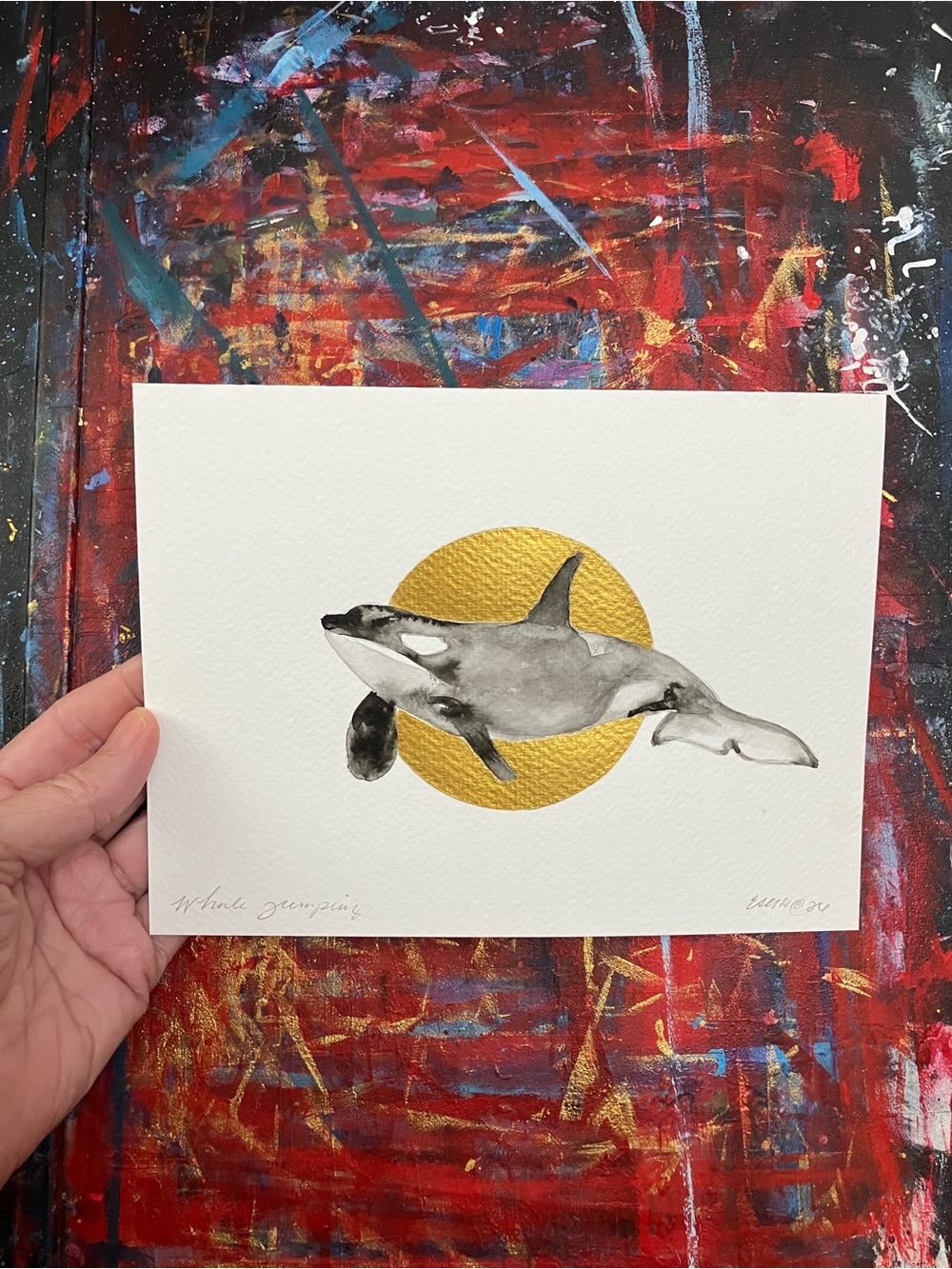 Original killer whale sunset painting whale jumping nautical art ocean artwork